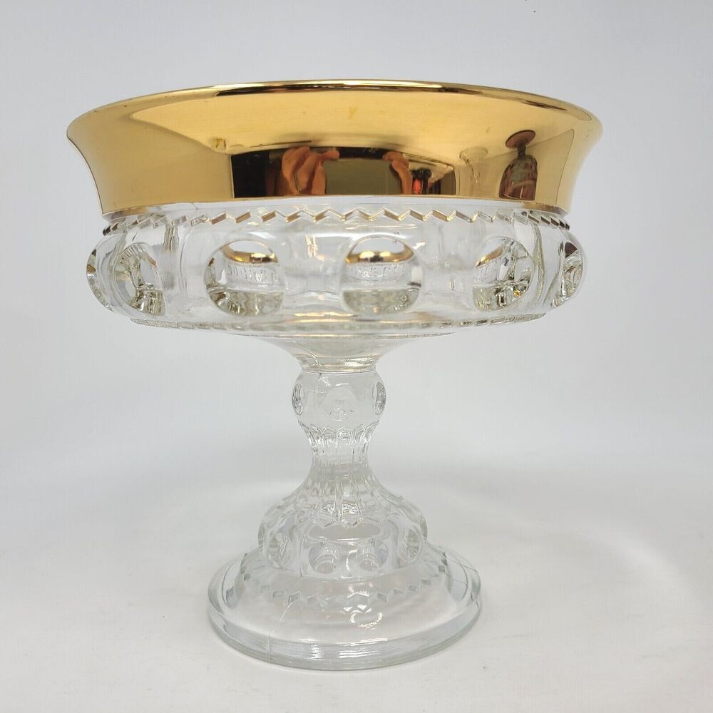 Kings Crown Compote 7" Pedestal Dish Gold Rim Thumbprint Candy Indiana Glass MCM